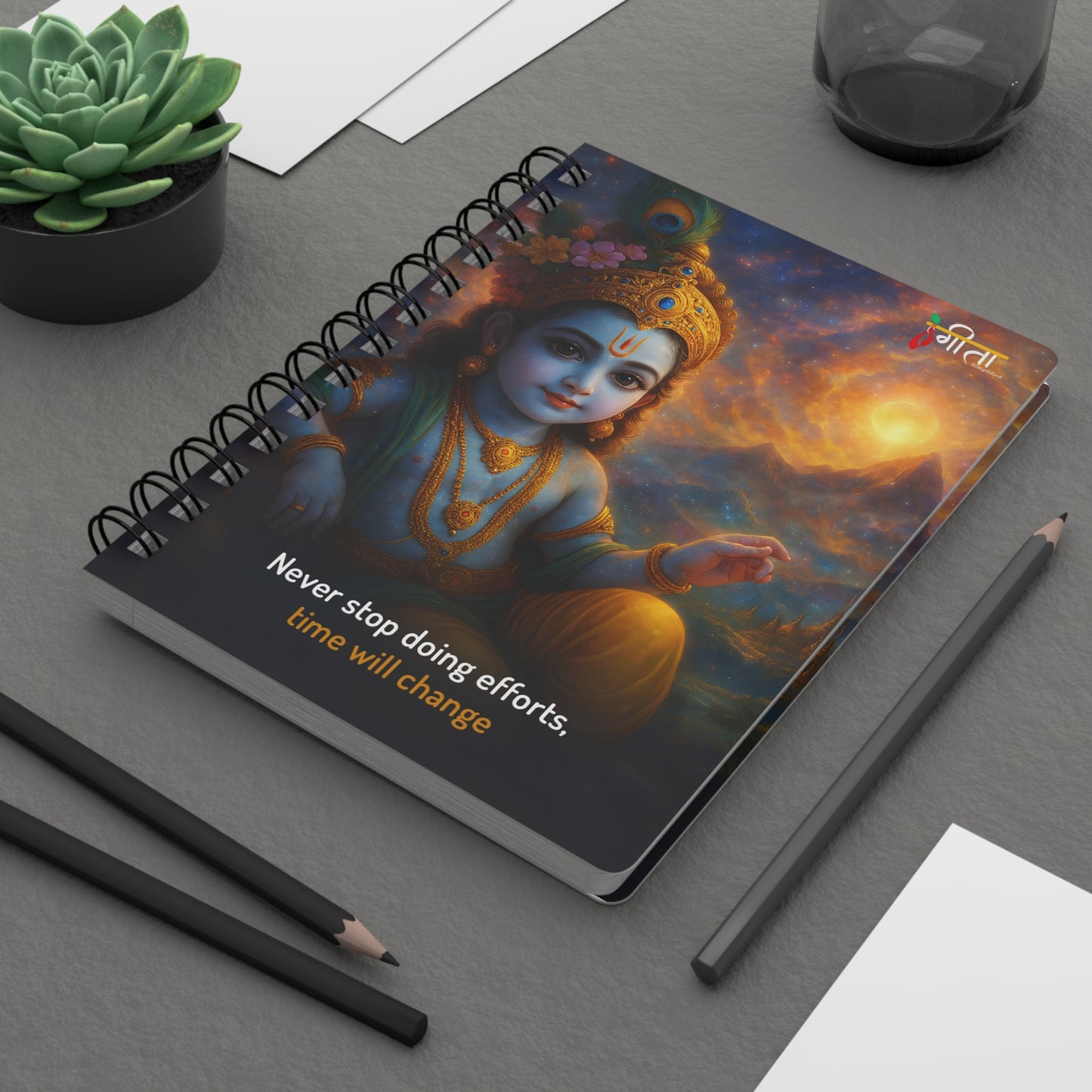 Baby Krishna spiral journal with motivational quote on effort