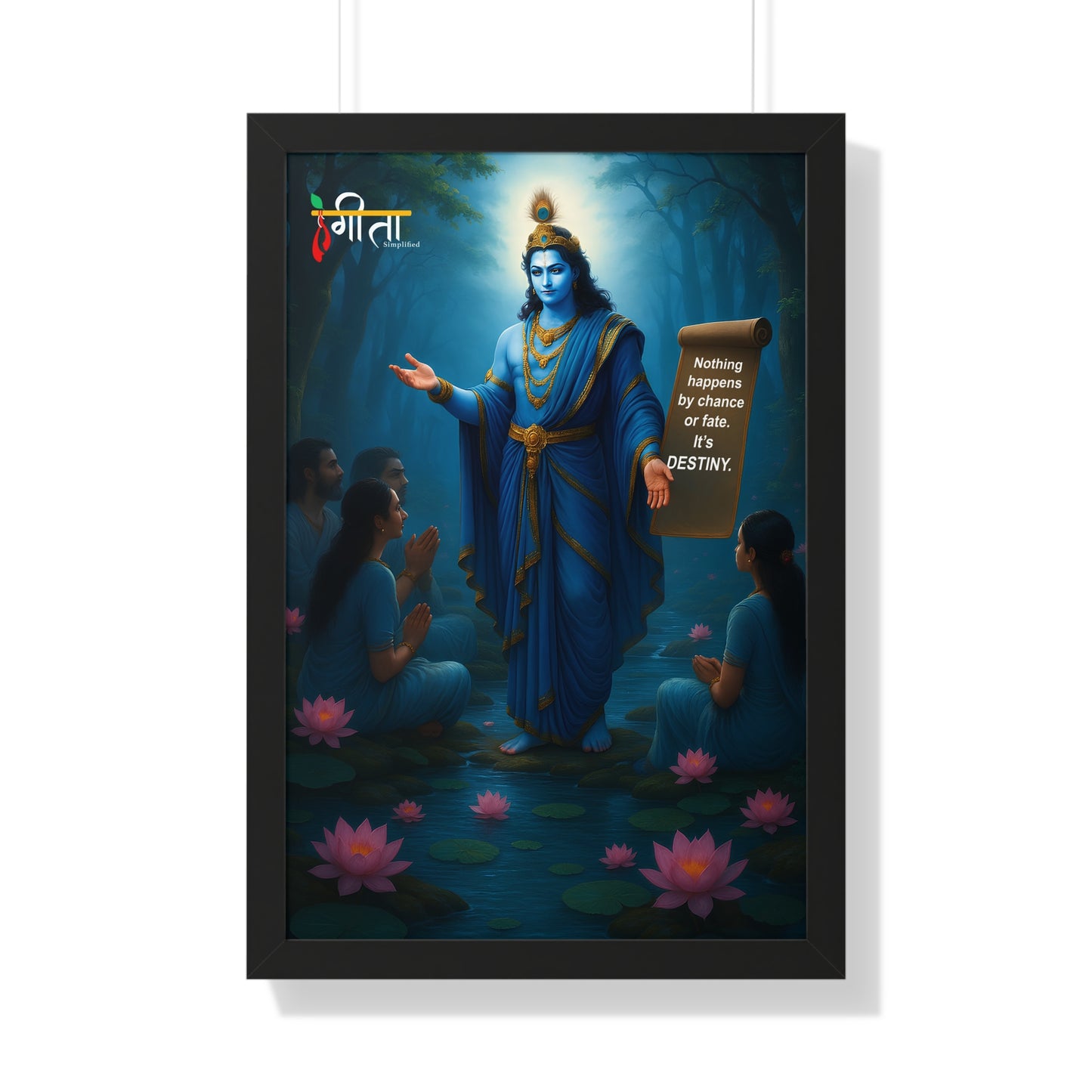 Bhagavad Gita framed print: Krishna and devotees, protective acrylic, modern decor.
