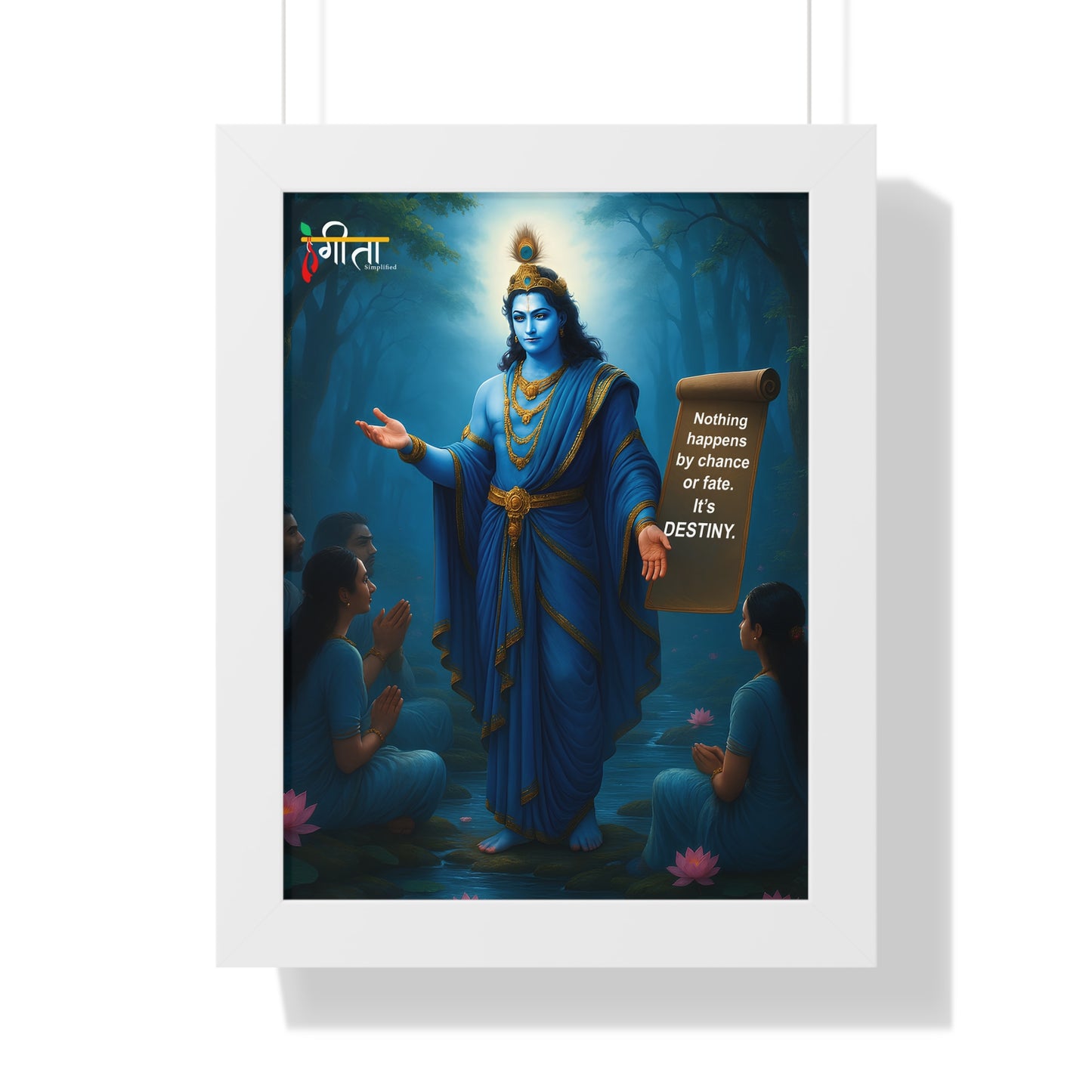 Black-framed spiritual art: Krishna’s wisdom quote, archival inks, 20x30 inches