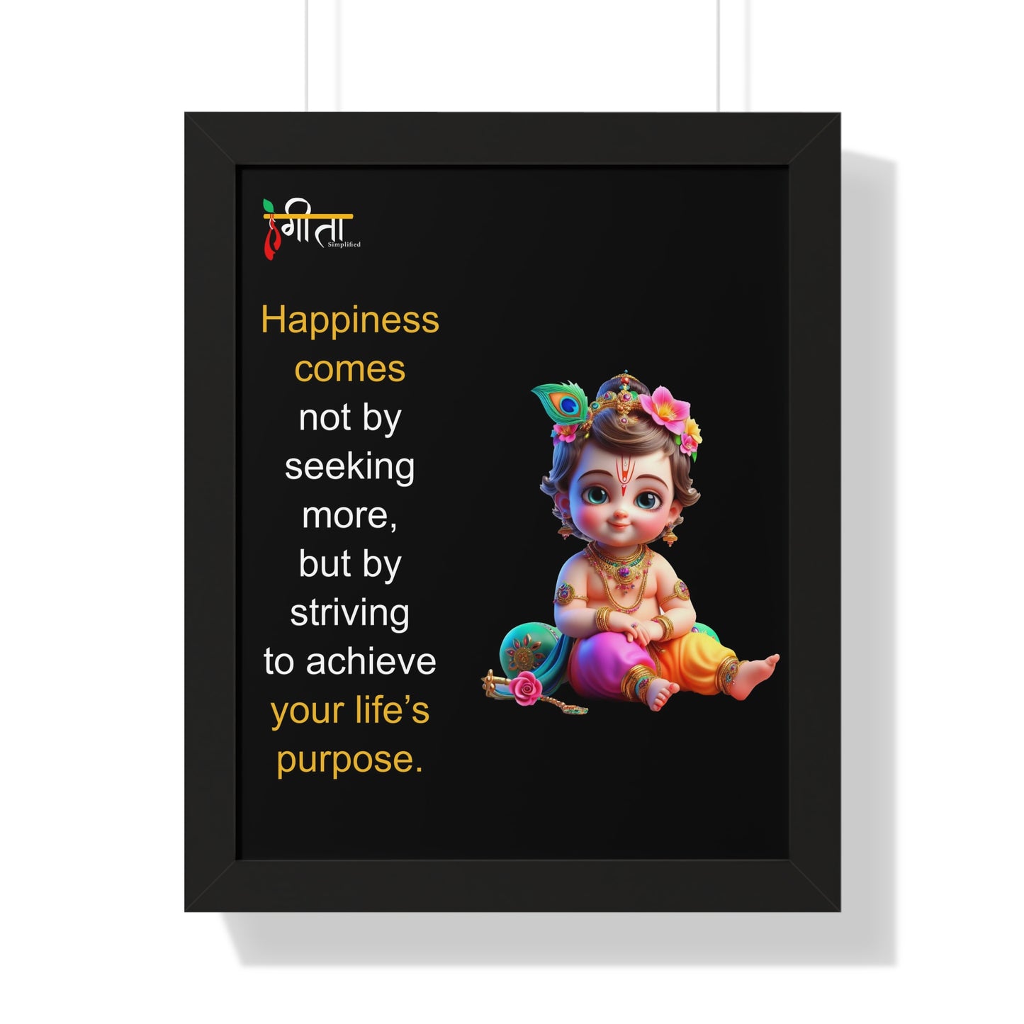 Black frame wall art featuring baby Krishna and Gita wisdom