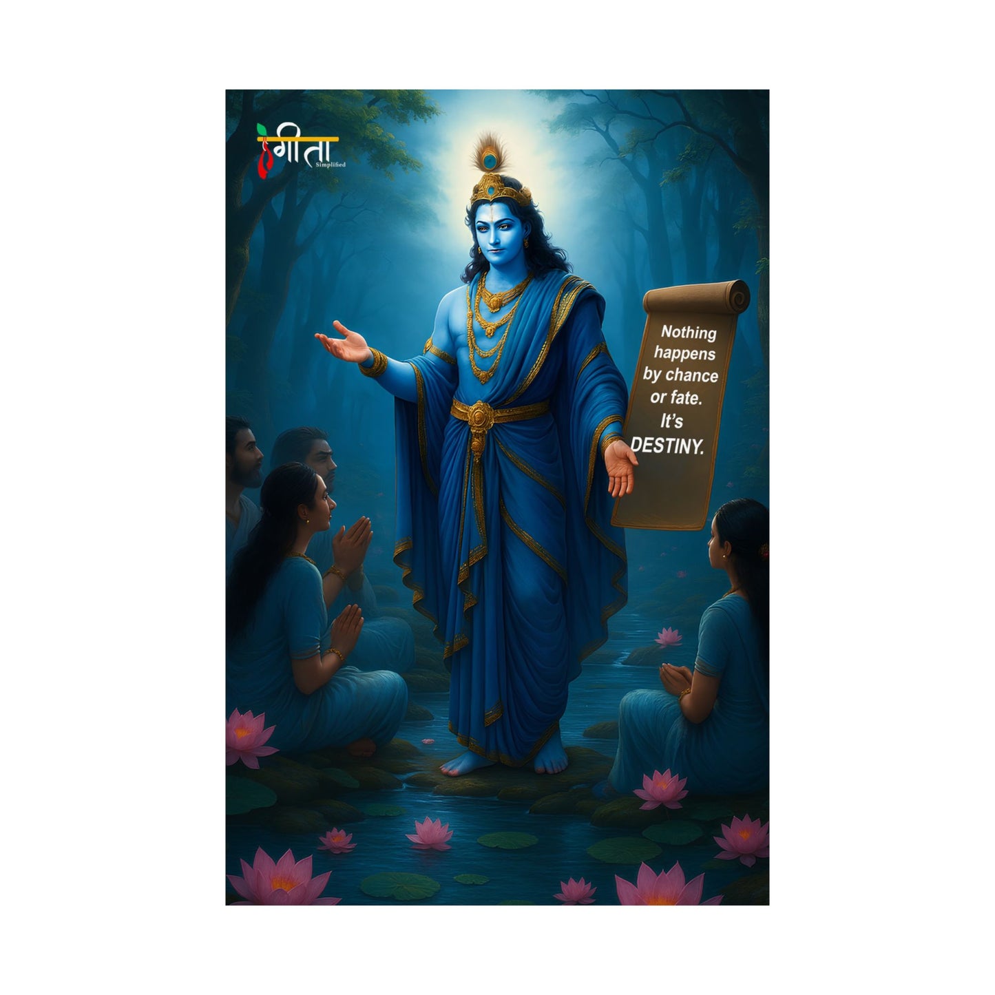 Blue-toned Krishna poster with motivational quote, museum-grade paper for vibrant art