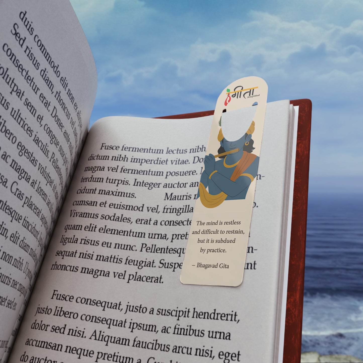 Devotional aluminum bookmark with printed image of Lord Krishna