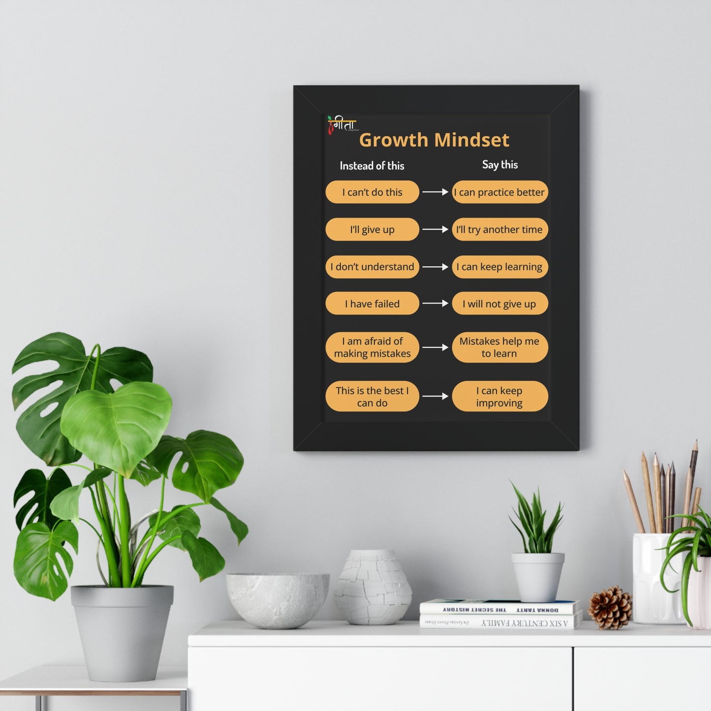 Educational wall art with growth mindset in modern frame