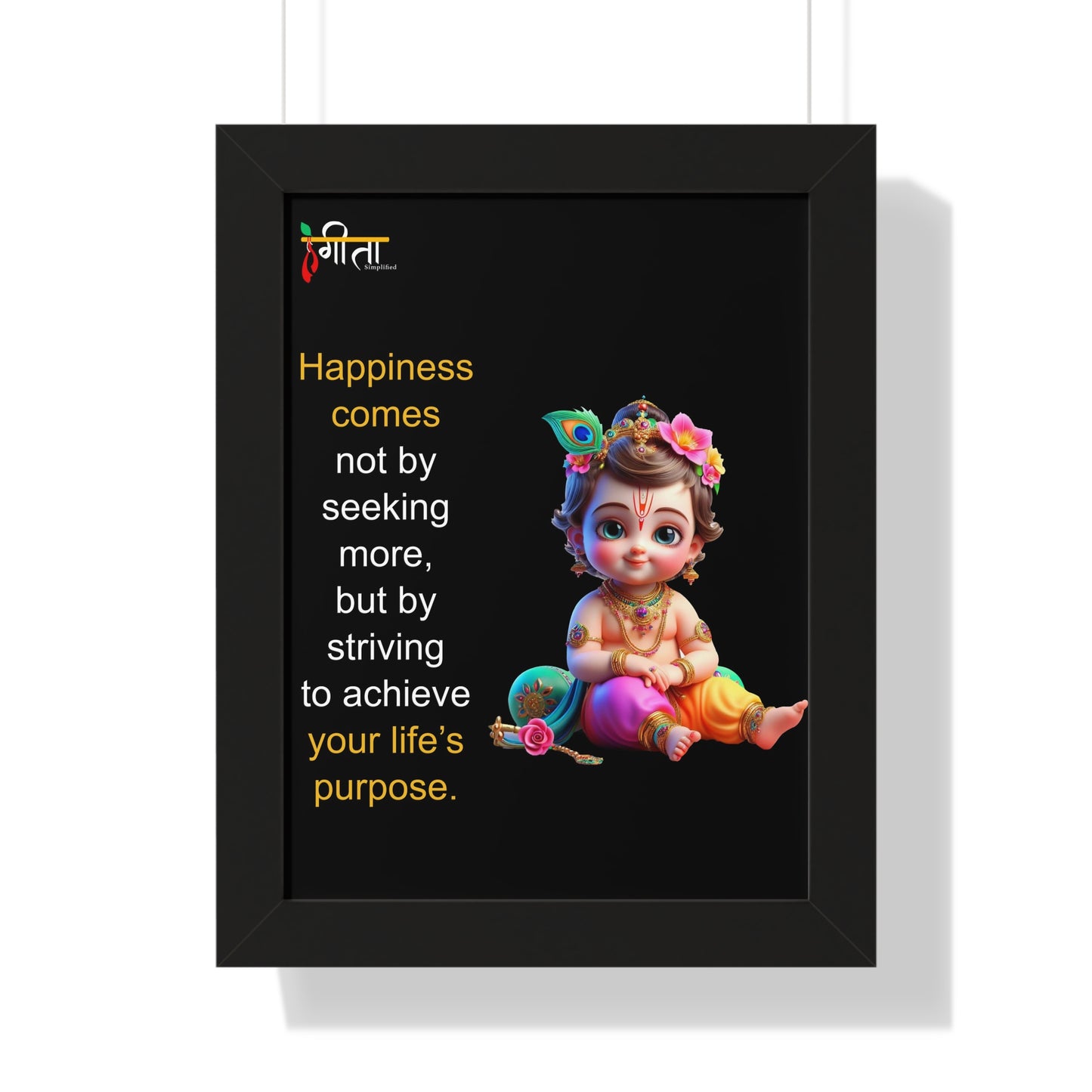 Framed Baby Krishna artwork with happiness quote