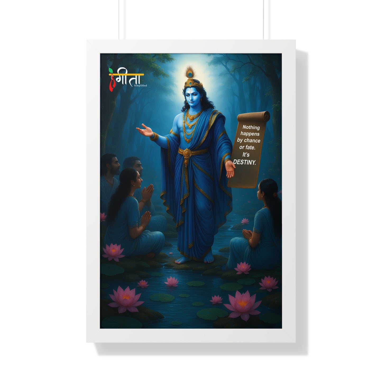 Framed motivational quote art: Krishna in blue, MDF frame with built-in hanging.