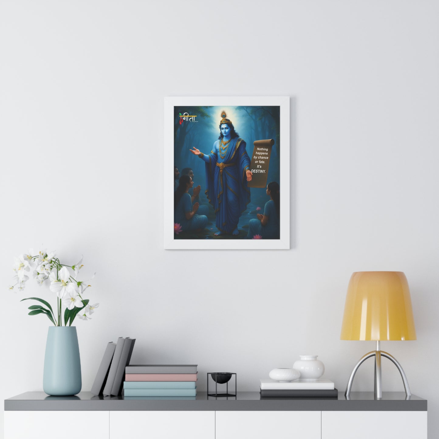 Framed spiritual decor: Krishna teaching under ‘Destiny’ quote, 20x30” statement piece