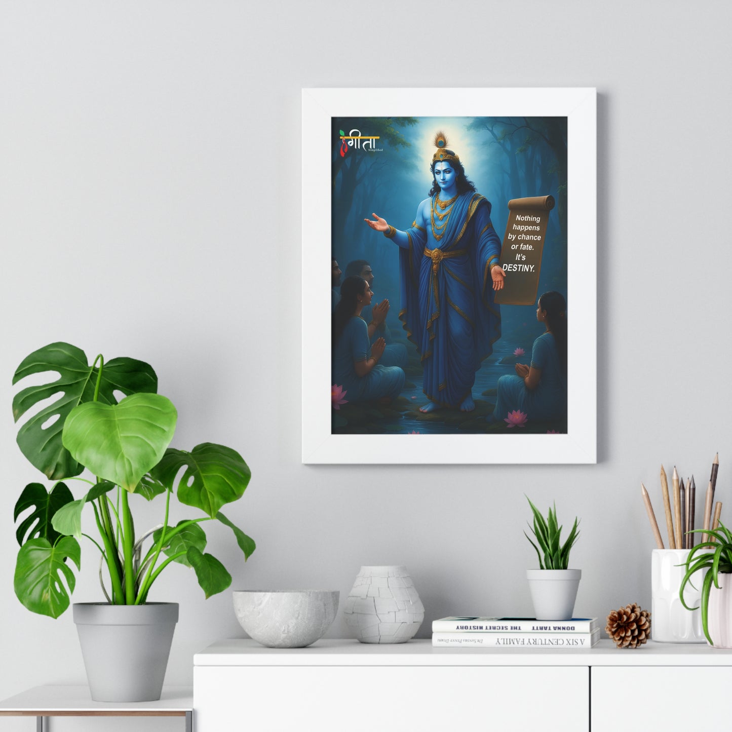 Gallery-style framed print – Krishna consciousness scene, dust-protected acrylic