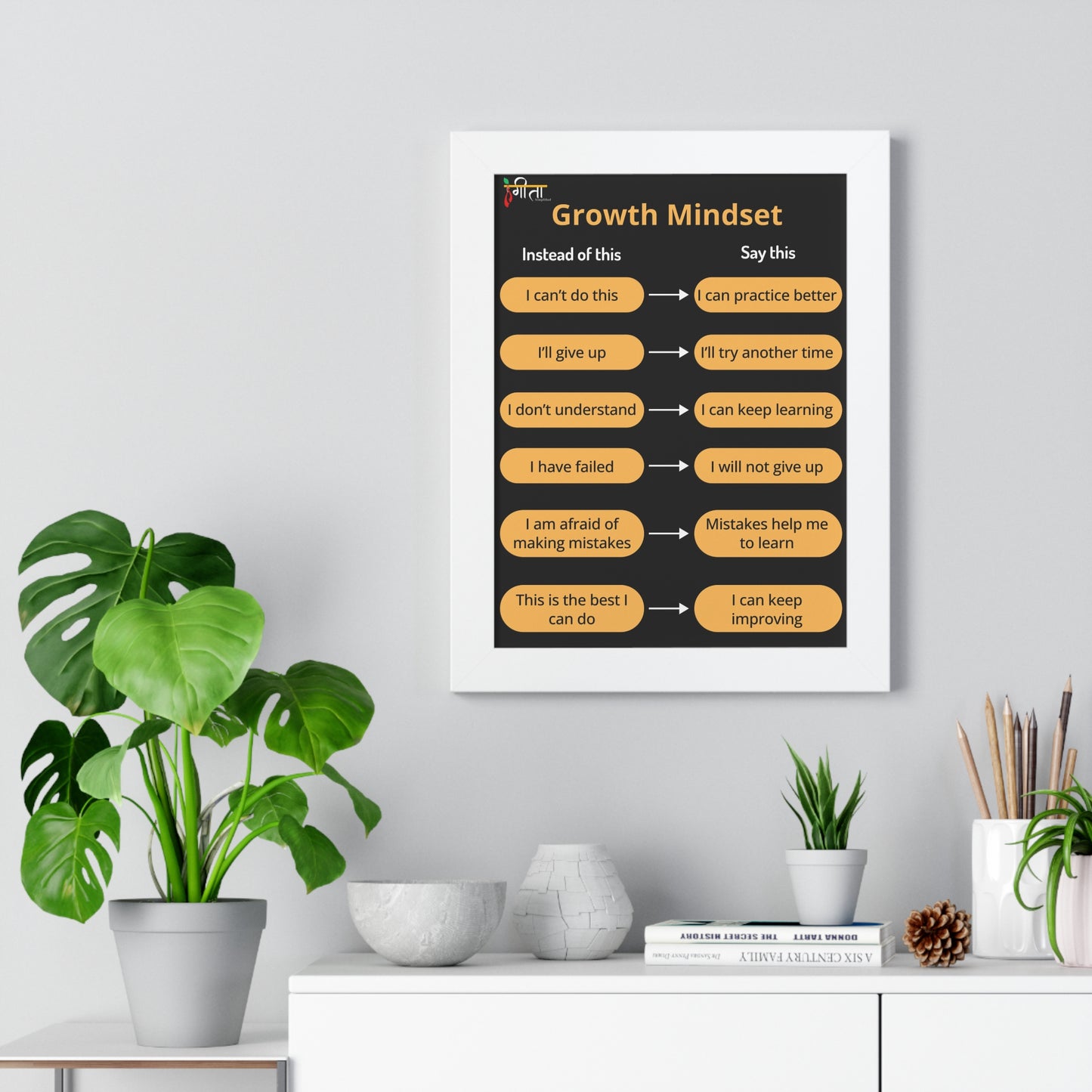 Inspirational framed wall decor for learners