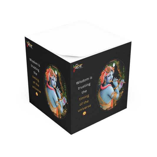 Krishna-themed desk accessory with motivational quote on note cube edges