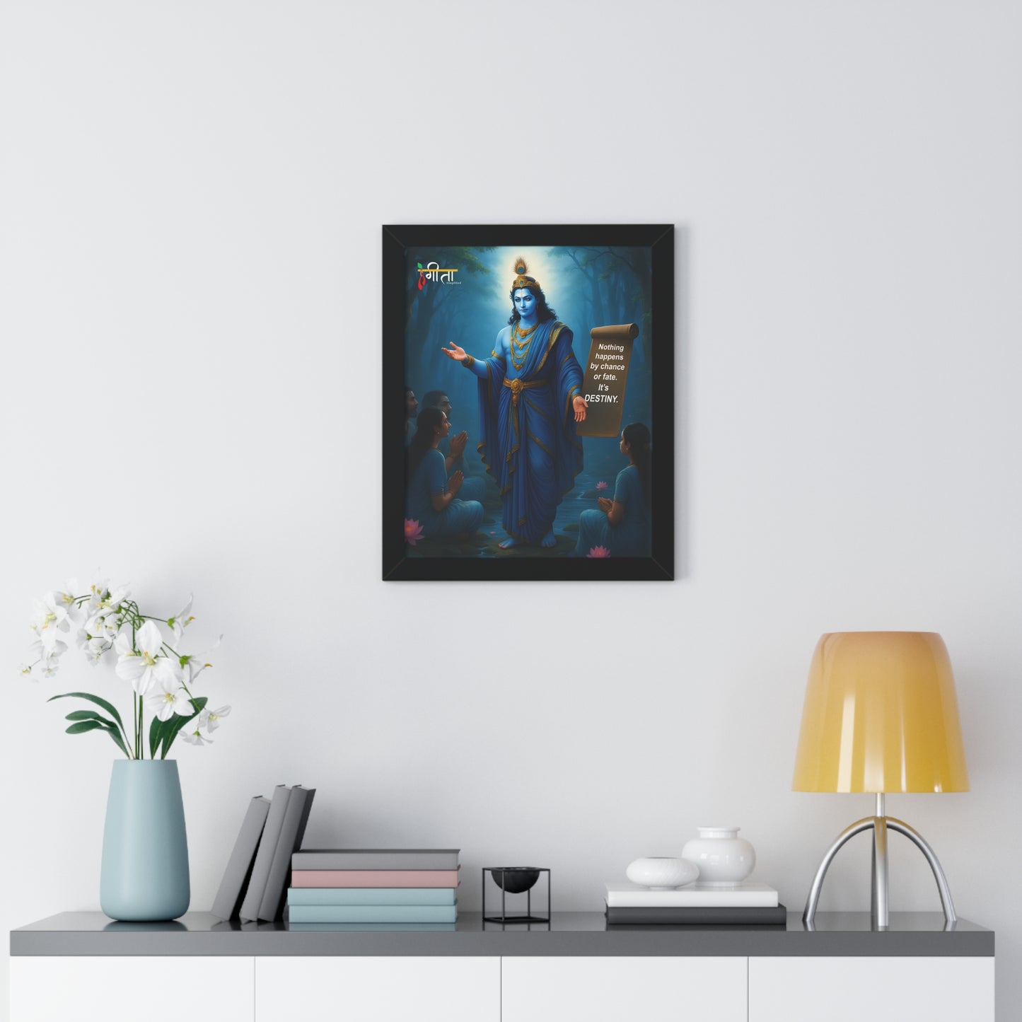 Krishna destiny quote framed in black – fade-resistant print, ready-to-display elegance