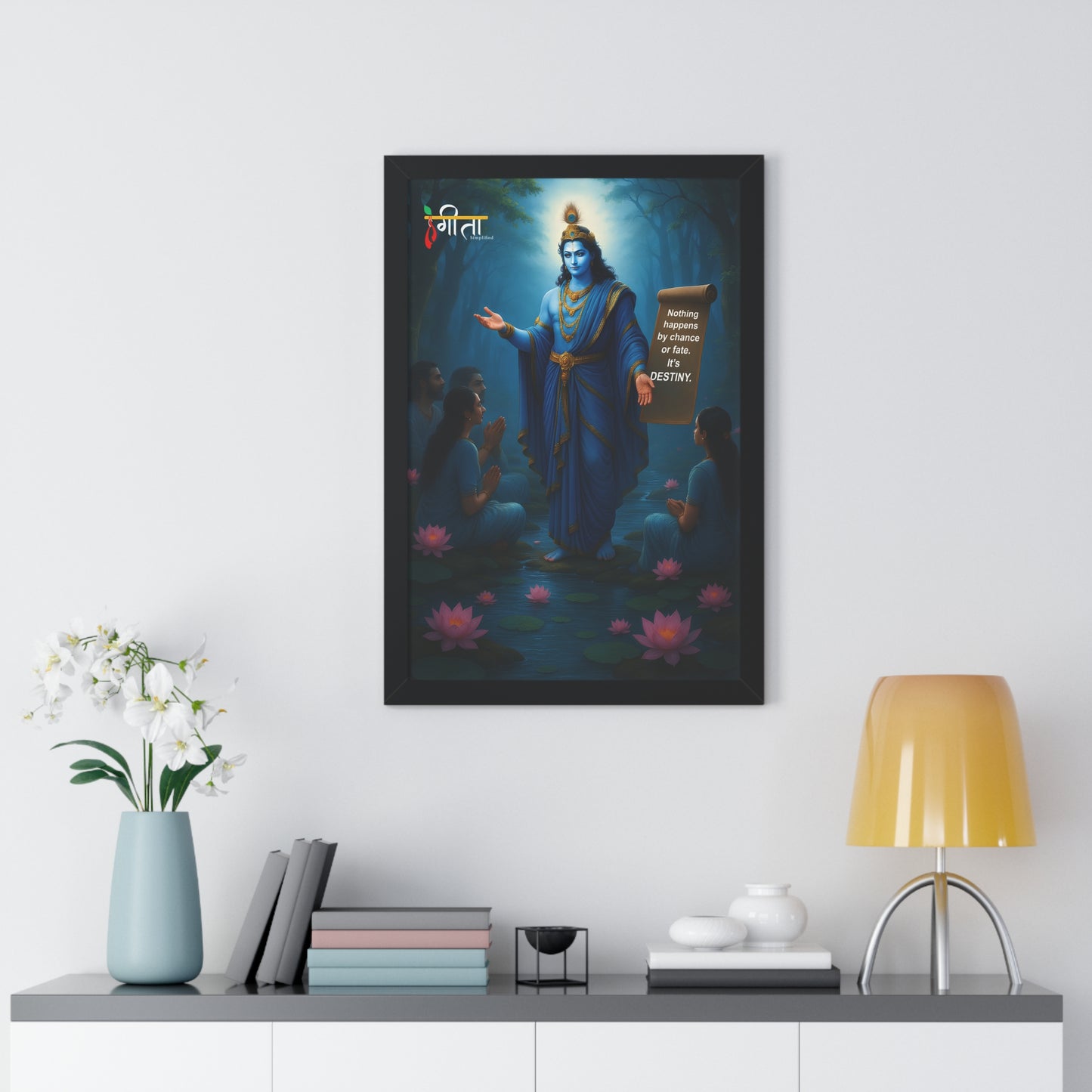 Modern framed art: Krishna’s calm amidst devotees, white MDF frame, 3 sizes