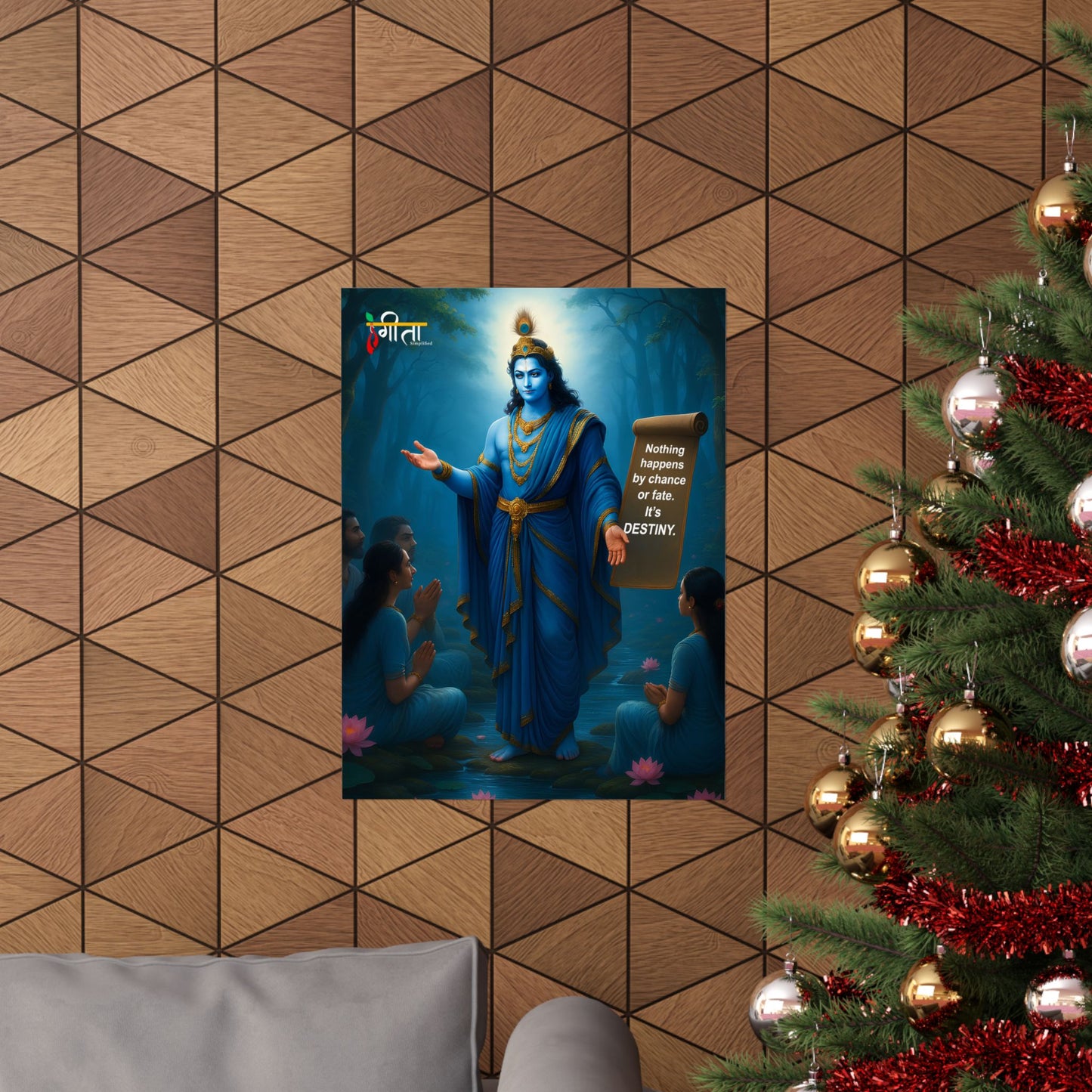 Motivational quote poster: Krishna’s blue-hued wisdom for modern spiritual decor