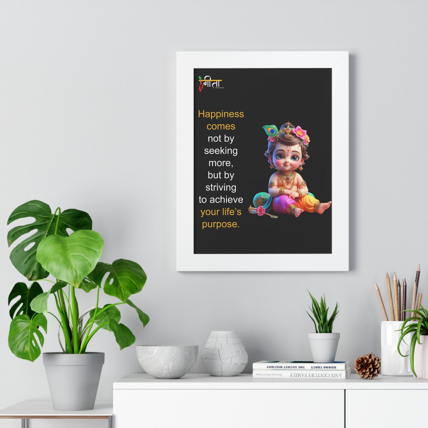 Nursery decor framed Krishna wall art in white
