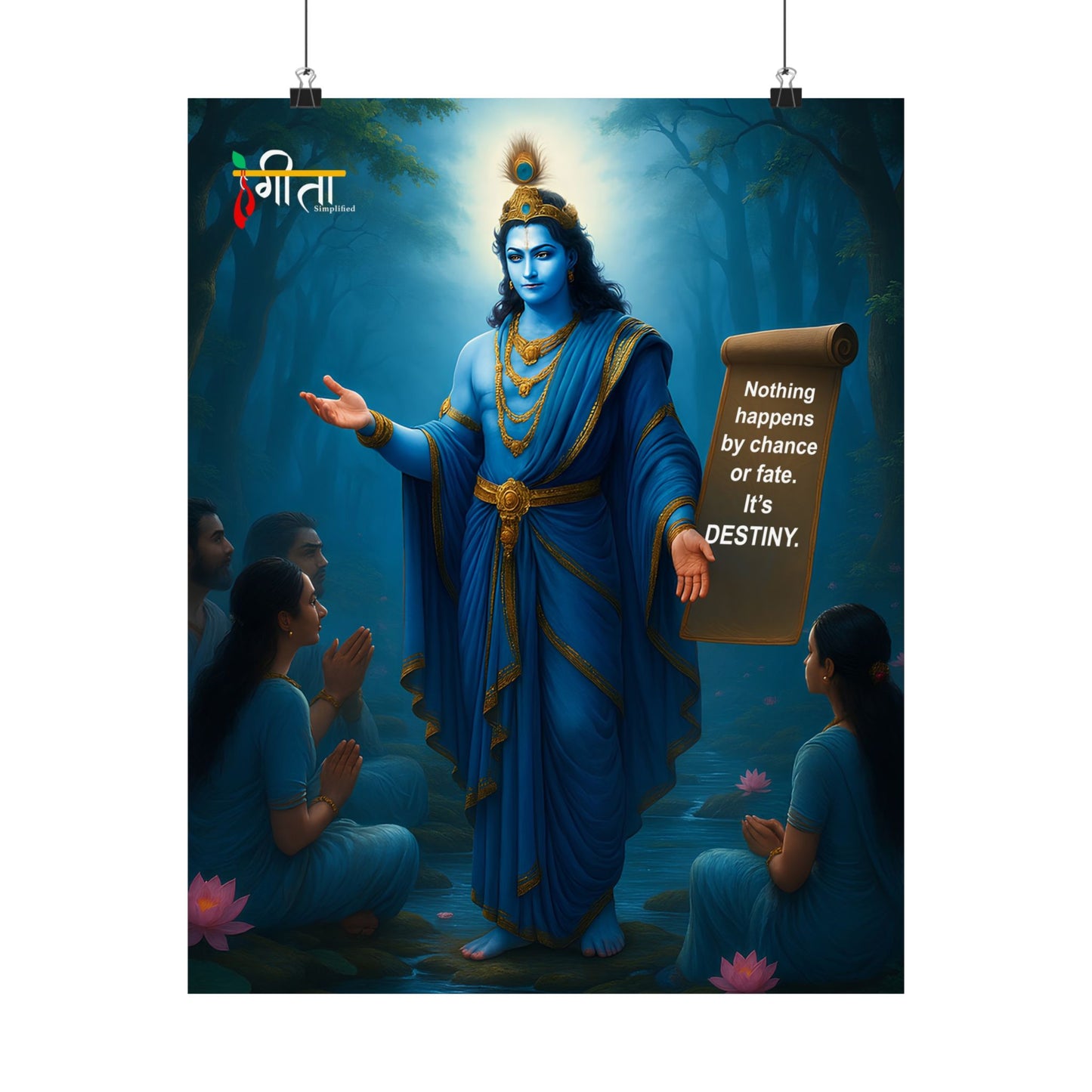 Spiritual Krishna artwork on archival matte paper, quote: ‘Nothing happens by chance’