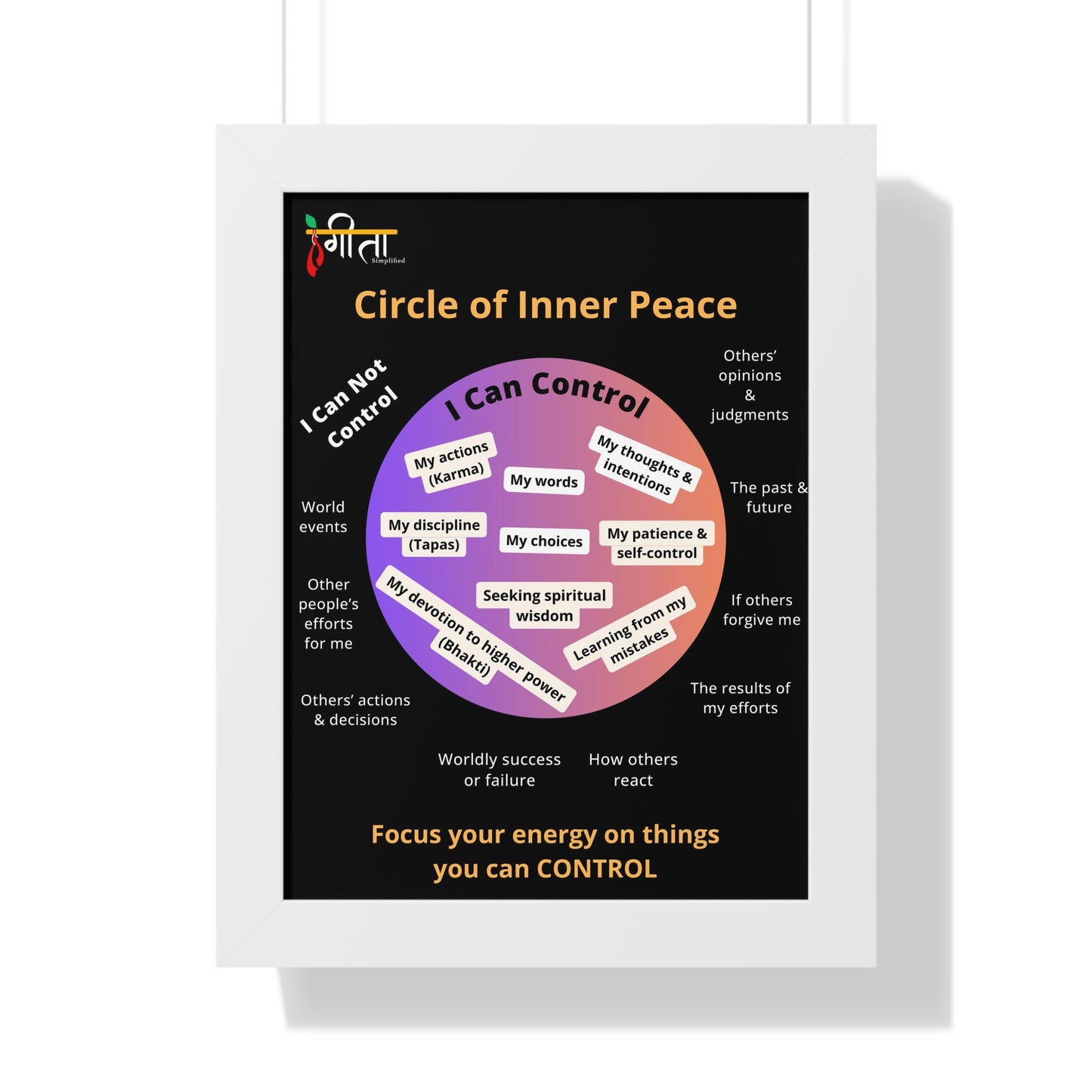 Spiritual wall decor with black framed Gita poster