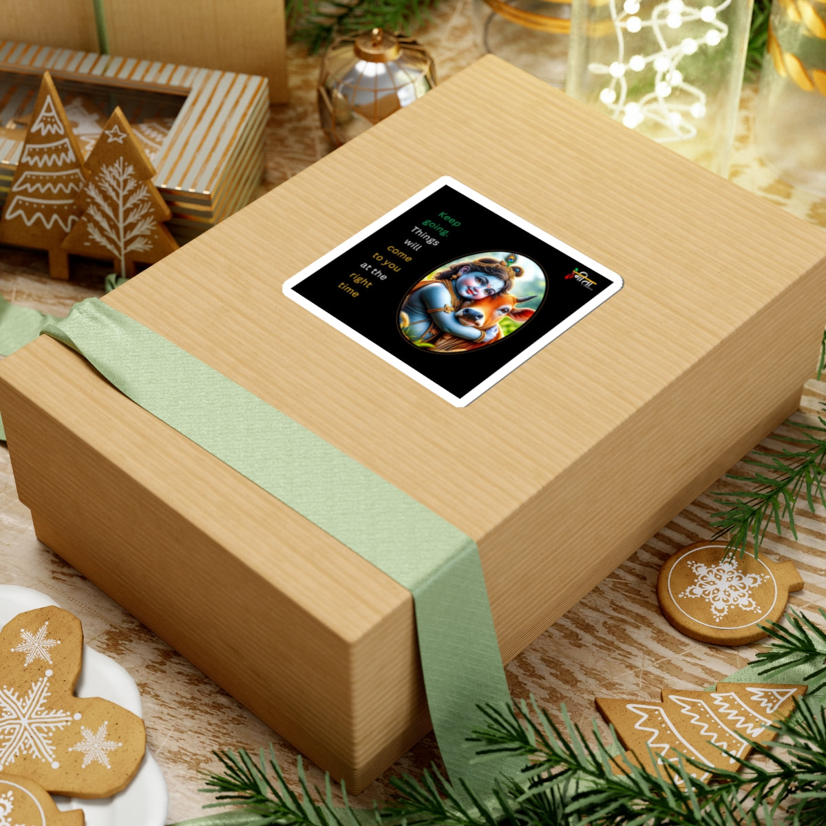 Uplifting Krishna-themed sticker for laptops and journals