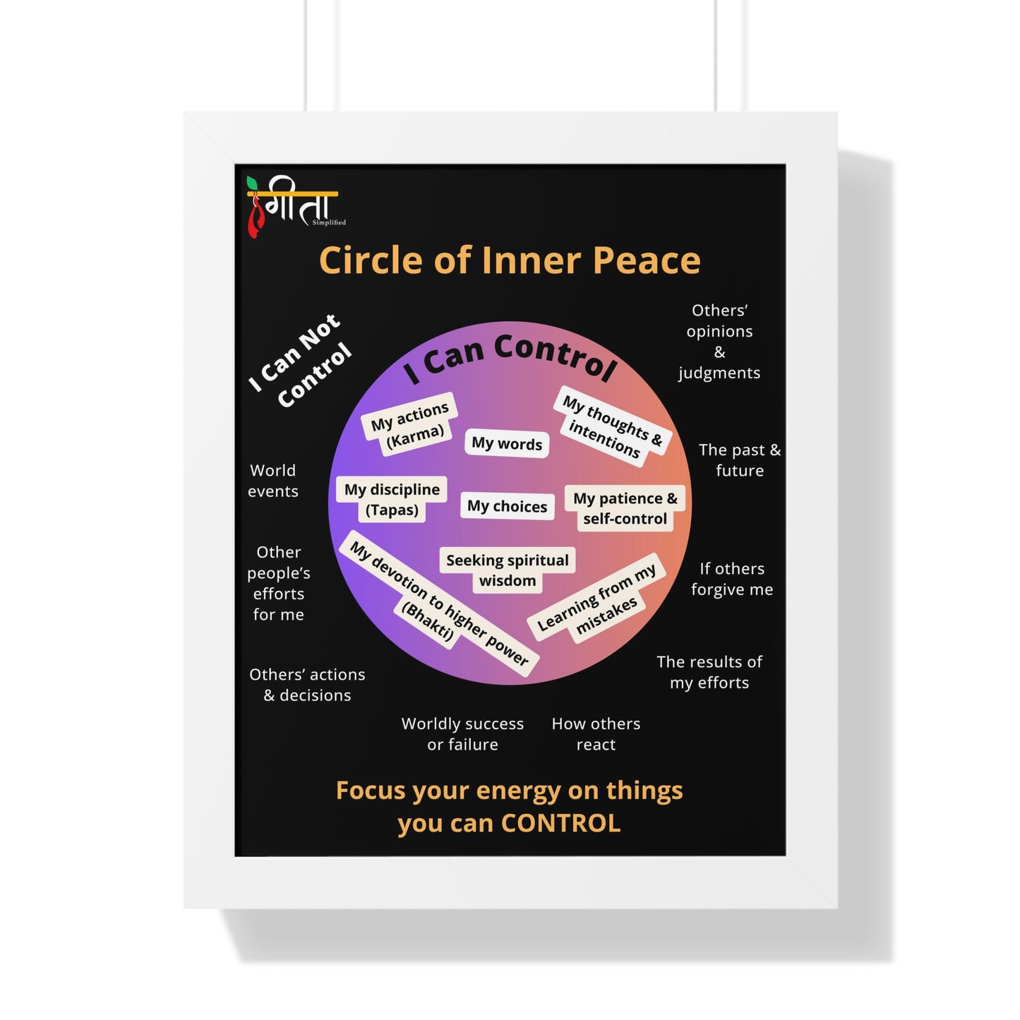 White framed motivational poster about inner peace