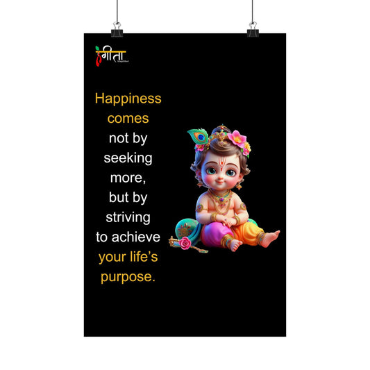 Baby Krishna poster with happiness and purpose quote