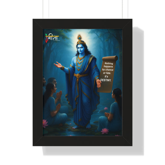 Framed Krishna artwork: Blue-hued teaching scene with ‘Destiny’ quote, black/white frame