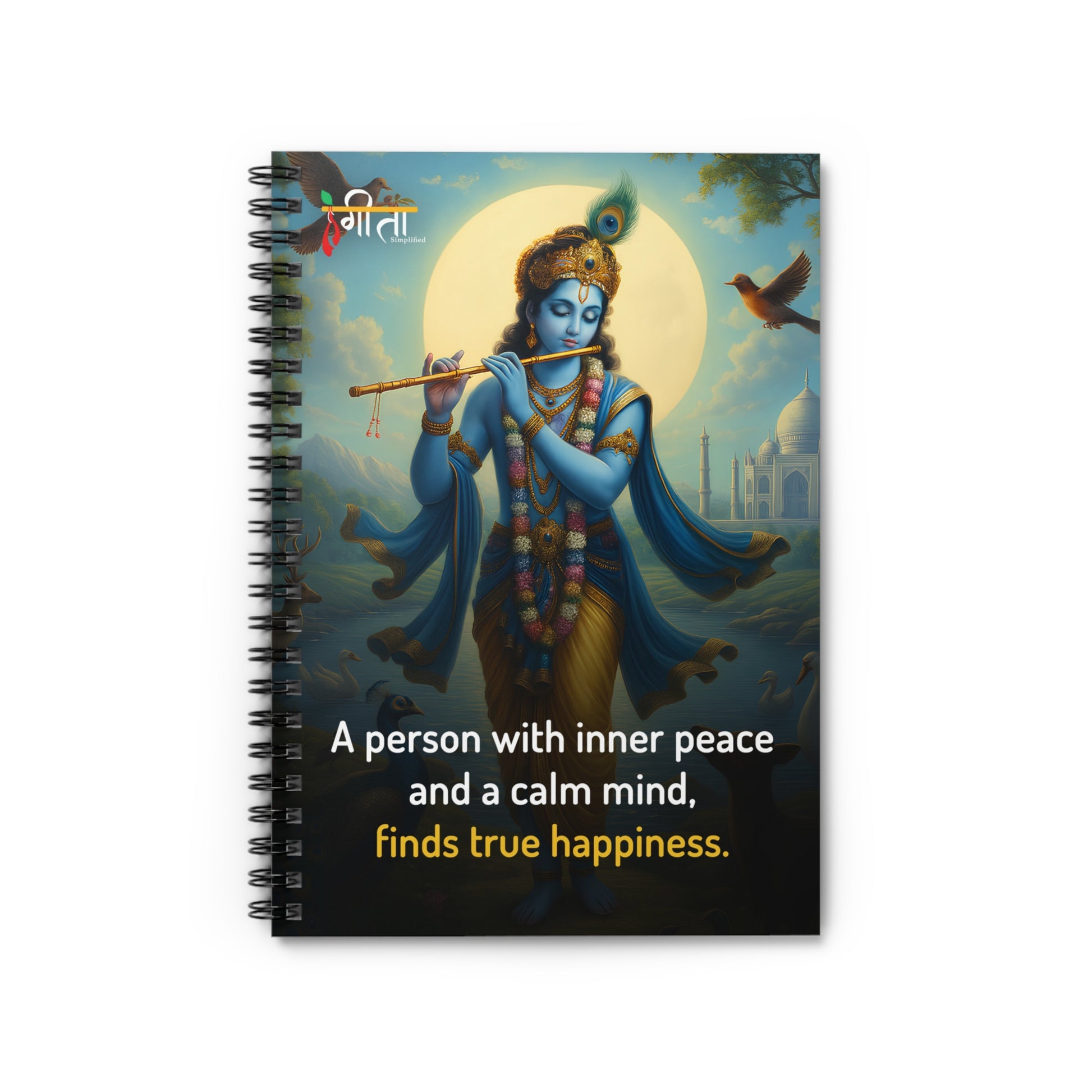 Krishna spiral journal with quote on inner peace and happiness