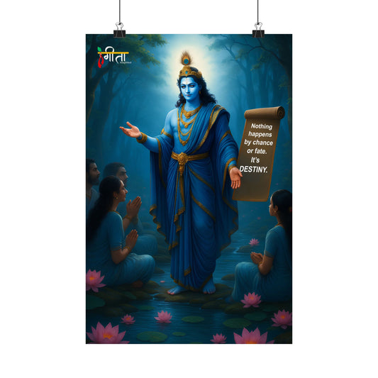 Krishna teaching devotees under blue hues with ‘Destiny’ quote – matte vertical poster