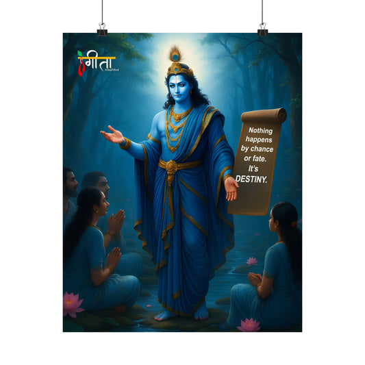Spiritual Krishna artwork on archival matte paper, quote: ‘Nothing happens by chance’