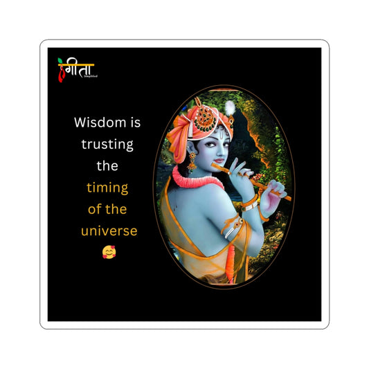 Spiritual sticker with Krishna and divine timing message