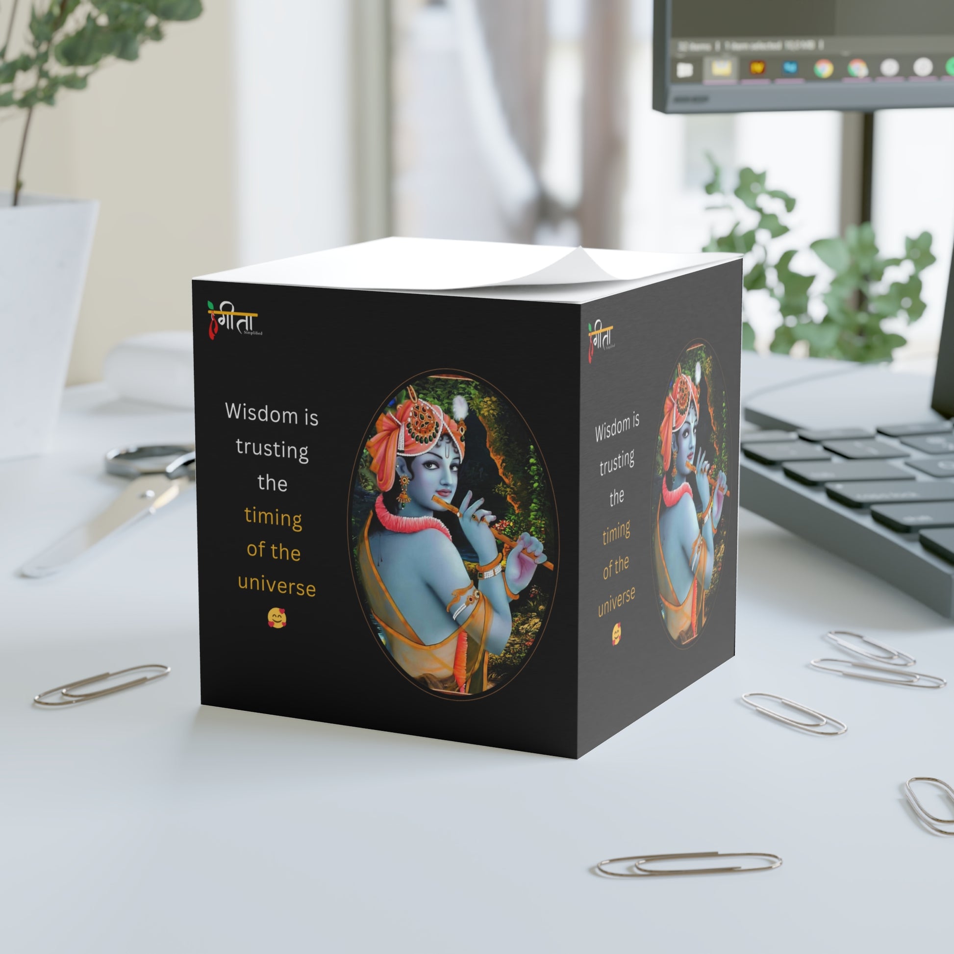 Sticky note cube featuring Hinduism artwork and Gita wisdom